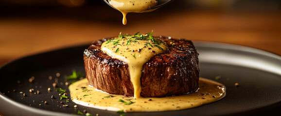 A juicy grilled steak topped with creamy sauce and garnished with herbs, showcasing a delicious gourmet dish perfect for fine dining or special occasions.