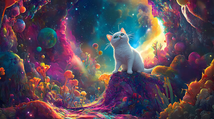 Charming astronaut cat in a whimsical space setting, exploring cosmic wonders with playful curiosity and vibrant colors. Wonderment - Forest. Illustration