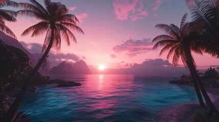 Tropical Sunset Over Calm Ocean Waters with Palm Trees and Coastal Mountains
