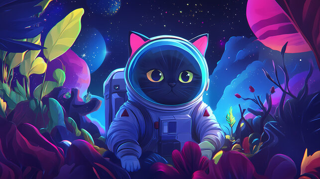 Charming astronaut cat in a whimsical space setting, exploring cosmic wonders with playful curiosity and vibrant colors. Wonderment - Forest. Illustration