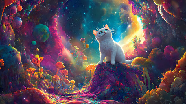 Charming astronaut cat in a whimsical space setting, exploring cosmic wonders with playful curiosity and vibrant colors. Wonderment - Forest. Illustration