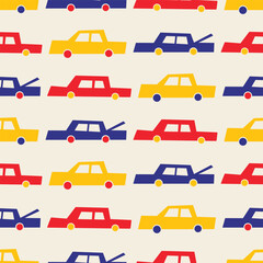 Cheerful vector seamless pattern with funny abstract cars in bright colors. Blue, red and yellow cars perfect for kids fabric or wallpaper. 