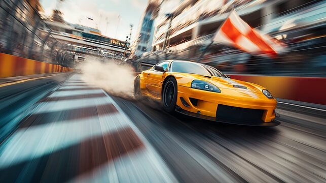 Yellow race car speeding, finish line, city backdrop, advertising
