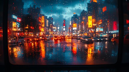 Fototapeta premium Rainy Night Cityscape, Traffic, Window View, Neon Lights, Background Blur