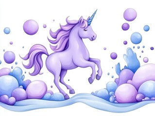 Fototapeta premium A whimsical purple unicorn prancing through colorful bubbles and waves