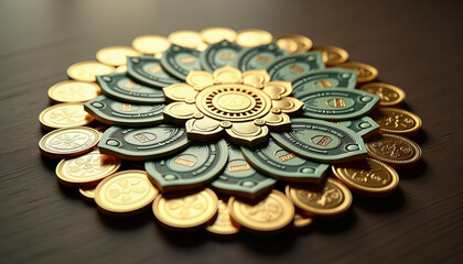 Money mandala design with golden coins and intricate patterns, symbolizing wealth and abundance