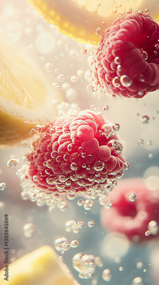 Poster raspberries and lemon slices submerged in sparkling water with bubbles rising to the surface, captur