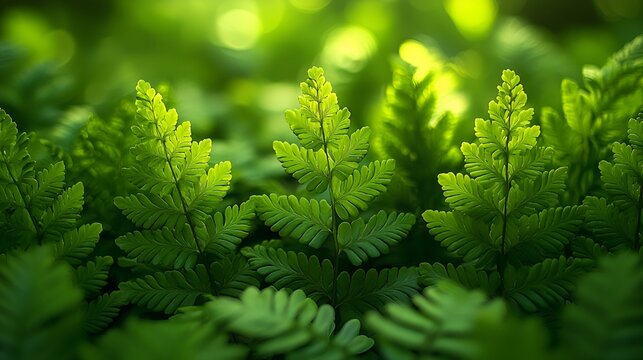 Lush fern foliage in sunlight, nature background, ideal for botanical, environmental themes