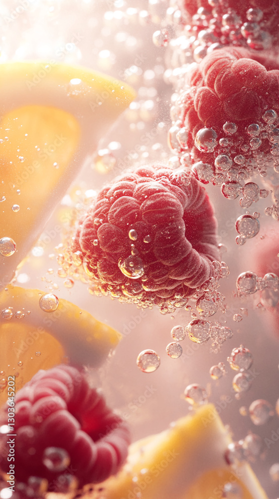 Poster close-up view of fresh raspberries and lemon slices submerged in sparkling water, creating a refresh