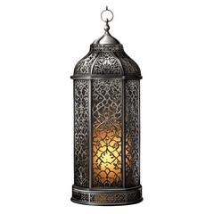 Intricate silver lantern with intricate Arabic designs glowing softly isolated on transparent background