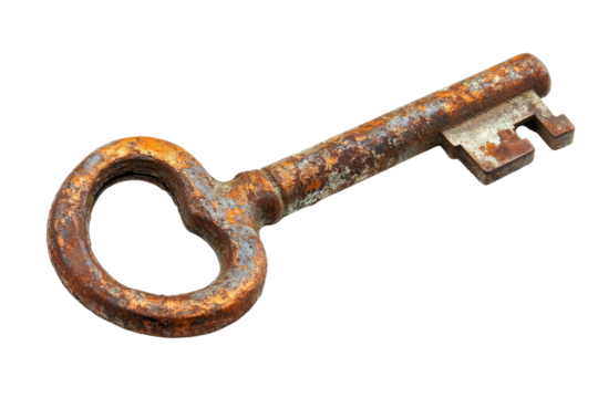 Rusty vintage key on a white surface, whispering tales of locked doors and lost places isolated on transparent background