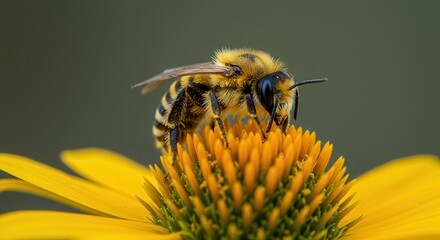 Bee Foraging on Bright Yellow Flower Close-up Pollination in Natural Setting