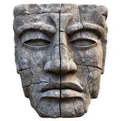Sculpted stone face of an ancient deity partially weathered by time isolated on transparent background
