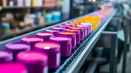 Factory conveyor belt carrying colorful paint jars