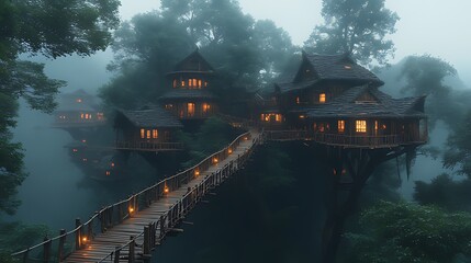 Fototapeta premium Misty jungle treetop village, illuminated walkways, tourism