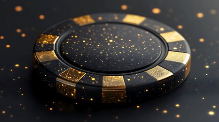 Glittering black gold casino chip, dark background, gambling