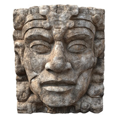 Fototapeta premium Sculpted stone face of an ancient deity partially weathered by time isolated on transparent background
