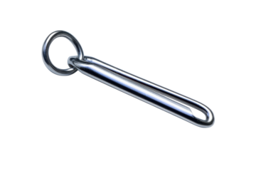 A silver safety pin resting on a plain background, showcasing its sleek design and functionality isolated on transparent background