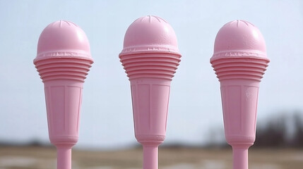 Pink ice cream cones stand tall against a clear sky on a sunny day in a rural area