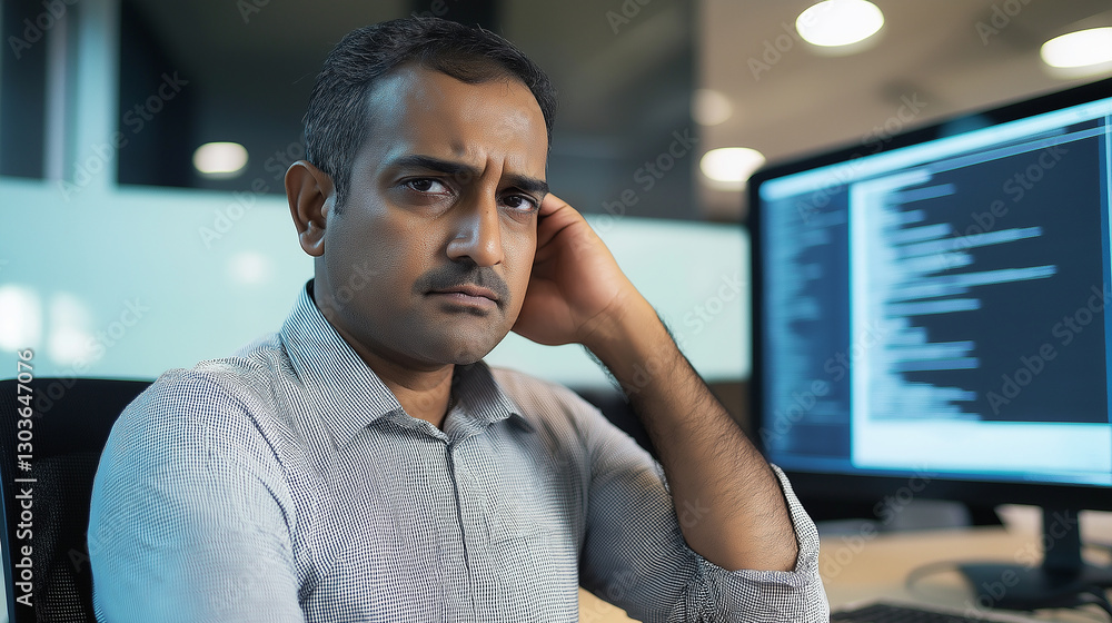 Poster stressed indian programmer having headache while working late at night in office
