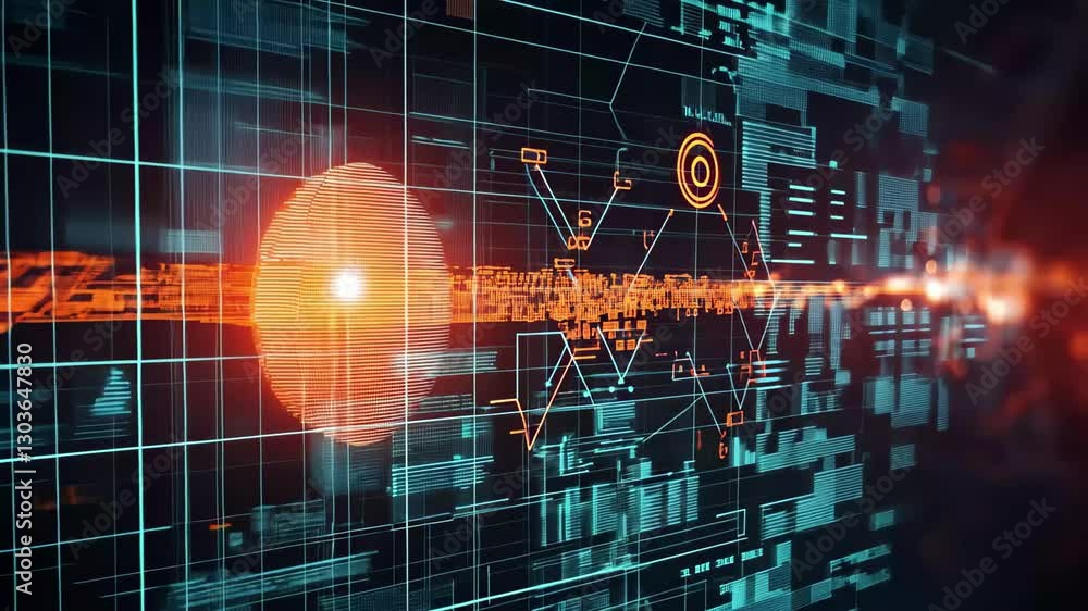 Poster mathematical data processing visualized with cogs and dynamic digital elements in vivid colors, math