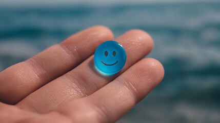 Bright blue pebble with a smiley face held in hand near a tranquil beach on a sunny day