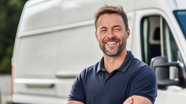 Delivery driver smiling with arms crossed in front of van
