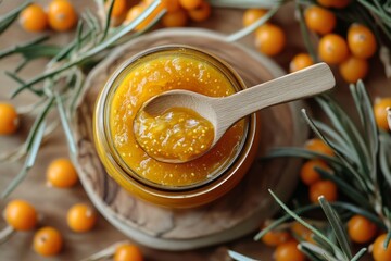 A top view of a jar filled with vibrant sea buckthorn jam, accompanied by a wooden spoon and scattered sea buckthorn berries and leaves