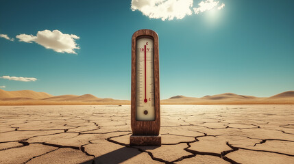 Giant thermometer showing high temperature in the desert during heatwave
