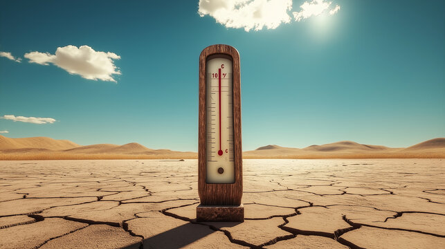 Giant thermometer showing high temperature in the desert during heatwave