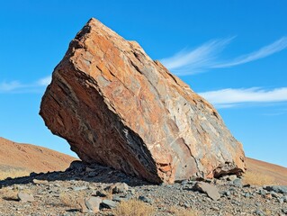 Leaning rock in arid landscape under blue sky