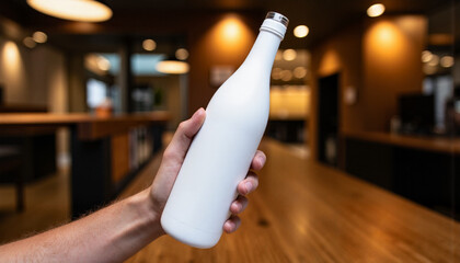 White matte bottle mockup in modern cafe setting perfect for branding
