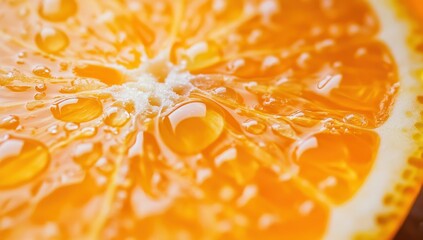 Close-up view of fresh orange slice with droplets glistening in warm sunlight at midday