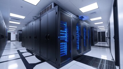 Modern data center with black server racks and blue LED lights, showcasing advanced technology, cloud computing, and cybersecurity. Ideal for IT, networking, and digital infrastructure