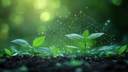 Growing plants, digital network overlay, natural setting, sustainable future