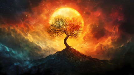 The eternal cycle - a seed growing from a dead tree represents rebirth and renewal. Rebirth - Phoenix. Illustration