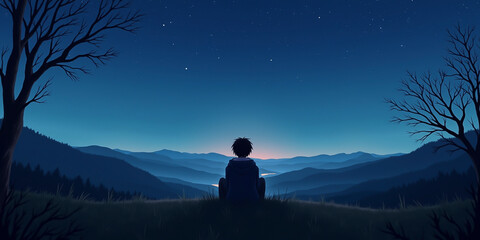 Obraz premium silhouette of a man sitting on a mountain