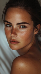 Naklejka premium Close-up portrait of a young woman with freckles and natural makeup, showcasing a serene and fresh look, symbolizing beauty, confidence, and natural skincare.