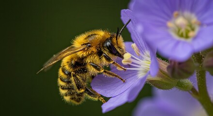 Bee Pollinating Purple Flower Collecting Nectar in Nature Closeup Wildlife Shot