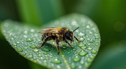 Fototapeta premium Bee Resting on a Leaf Covered in Water Droplets Close Up Shot