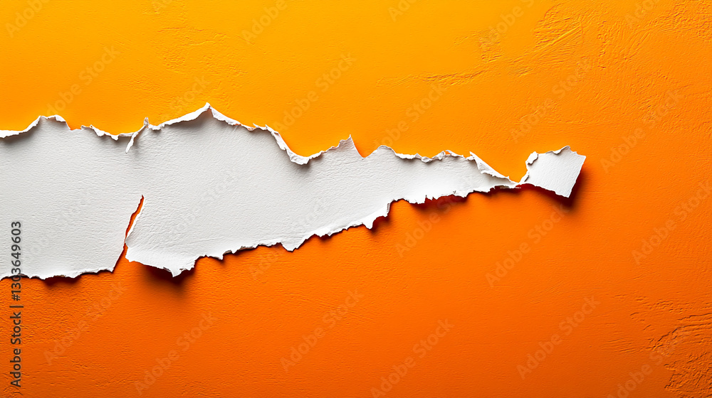 Poster Torn edge of white paper against a bright orange background, symbolizing creativity, contrast, and design potential with space for adding your own content.
