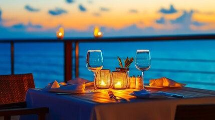 Romantic seaside dinner setting with candlelit table, ocean view, and sunset backdrop
