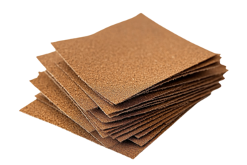 Crafting perfection: A stack of fine-grit sandpaper ready for woodworking projects in a workshop isolated on transparent background