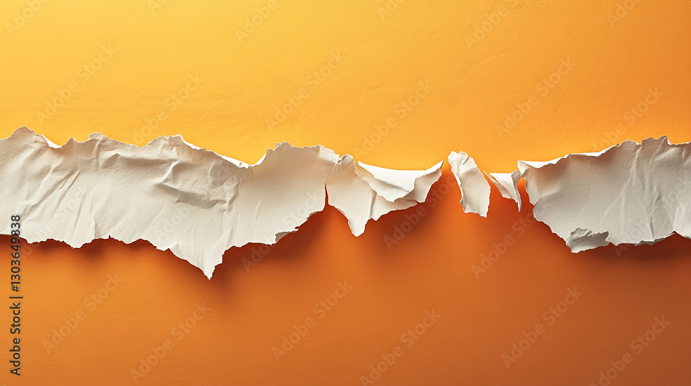 Poster torn white paper on an orange background with a rough, uneven edge, symbolizing space for creative d