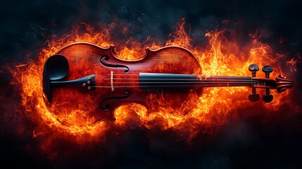 Fiery violin engulfed in flames, dark background, album art