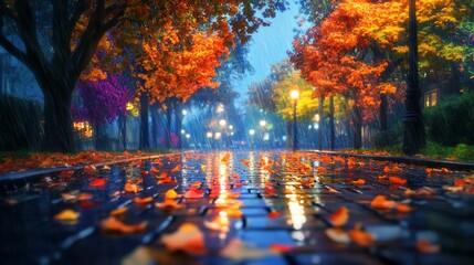 A serene autumn scene with colorful leaves reflecting on a wet path.