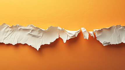 Torn white paper on an orange background with a rough, uneven edge, symbolizing space for creative designs, messaging, or advertising opportunities.