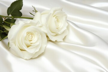 Fototapeta premium Two elegant white roses resting on smooth satin fabric.
