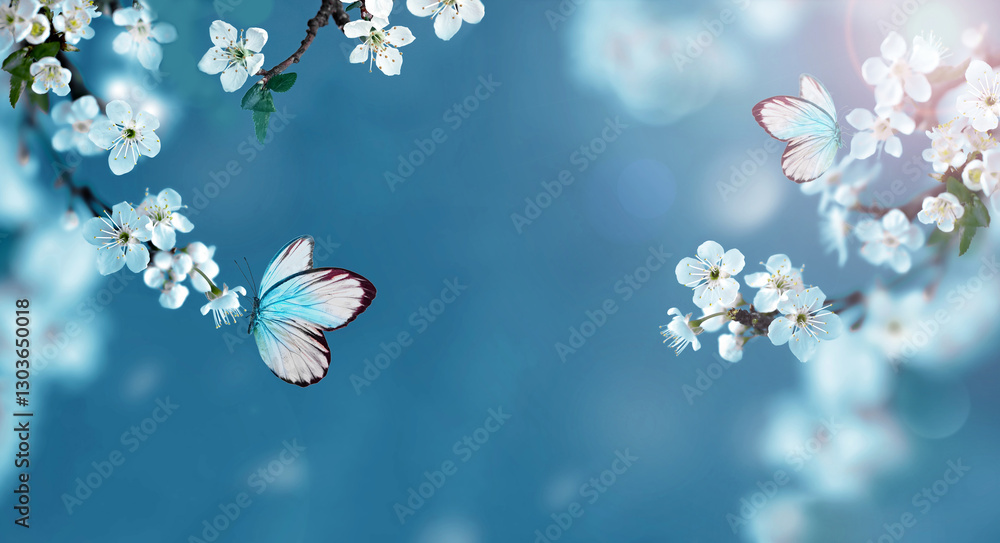 Wall mural blossom tree over nature background with butterfly. spring flowers. spring background.