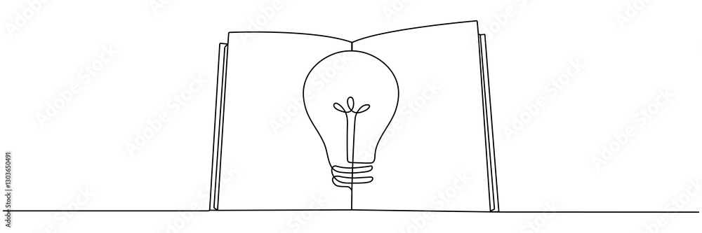 Aufkleber light bulb above book continuous one line art drawing. line drawing open book with lamp idea symbol.